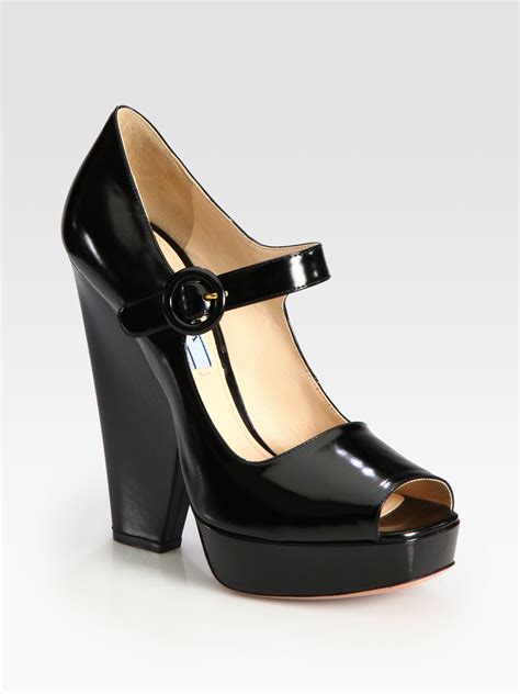 prada black mary jane patent leather shoes for women|high heel mary jane shoes.